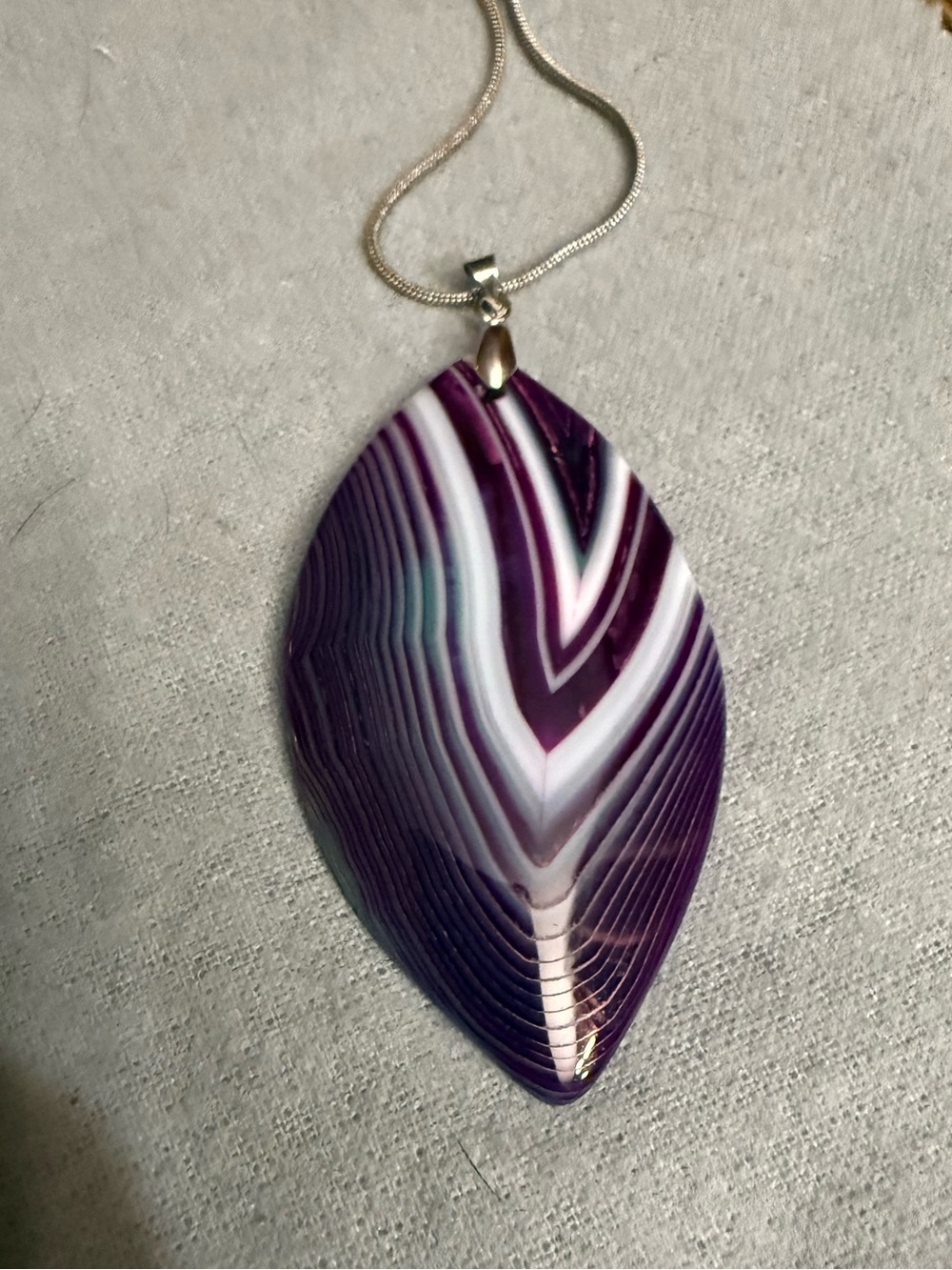 Purple Banded Agate Leaf Pendant Necklace Sterling Silver